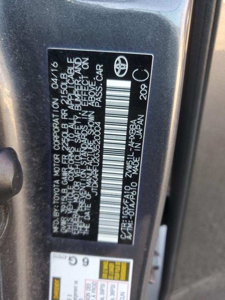 2016 Toyota Prius VIN JTDKARFU2G3520004 Copart auction photo, front end / side damage thumbnail 12