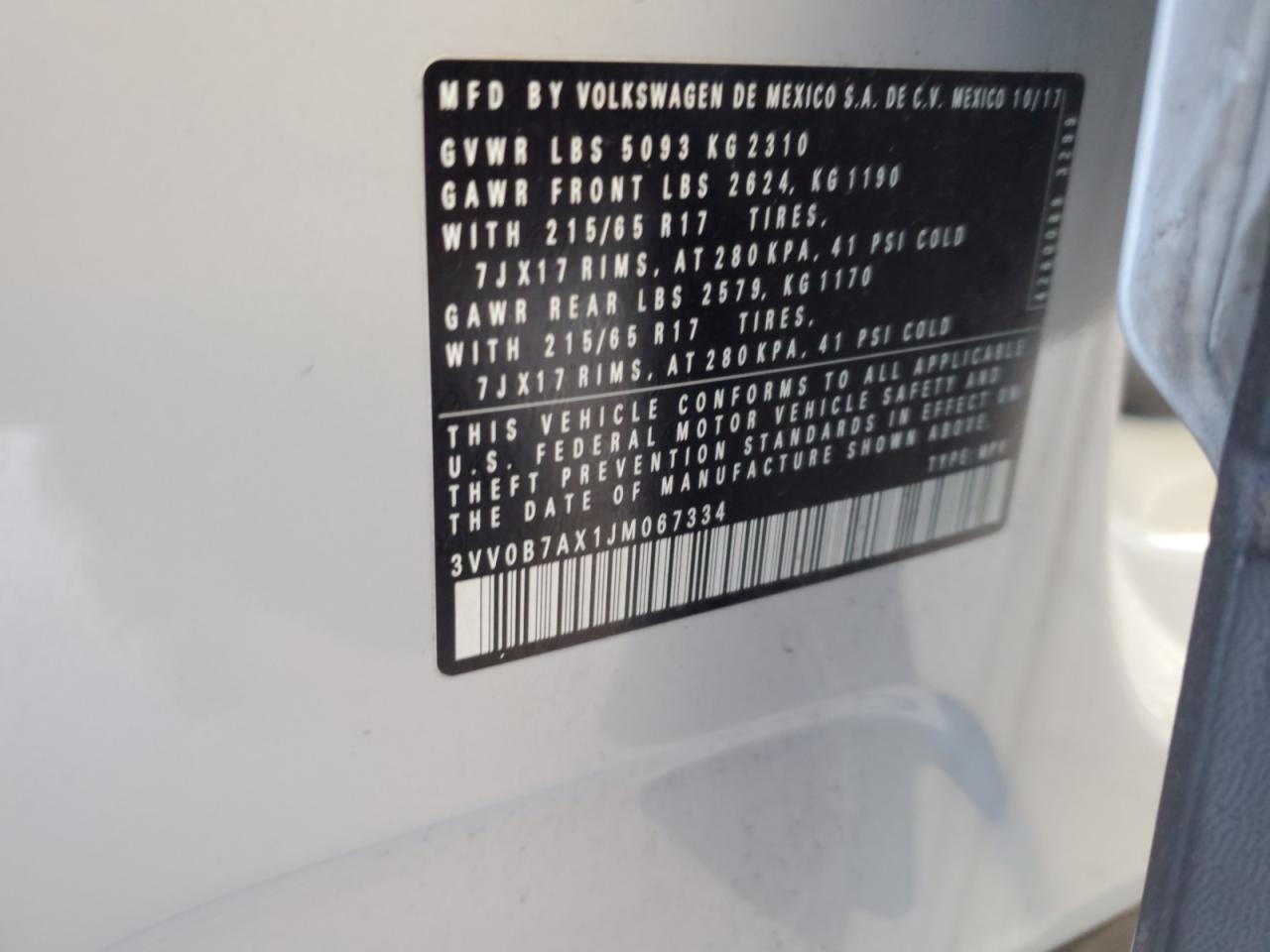 2018 Volkswagen Tiguan VIN 3VV0B7AX1JM067334 Copart auction photo, front end damage thumbnail 13