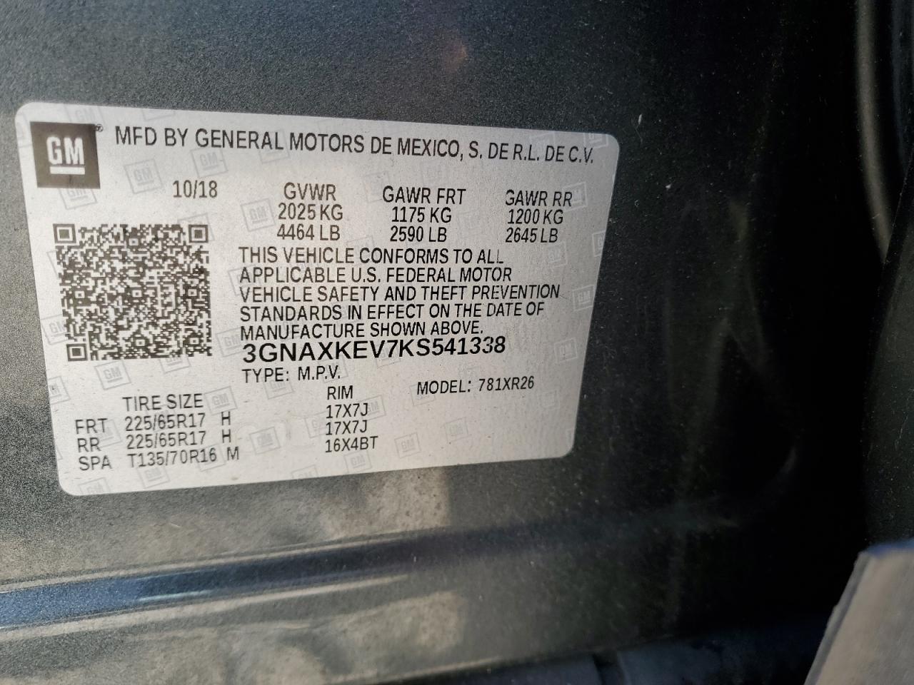 2019 Chevrolet Equinox VIN 3GNAXKEV7KS541338 Copart auction photo, rear end damage thumbnail 14