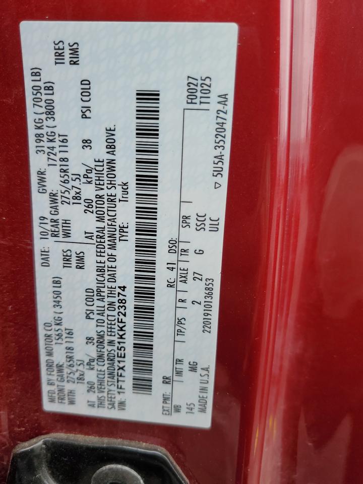 2019 Ford F-150 VIN 1FTFX1E51KKF23874 Copart auction photo, front end damage thumbnail 14
