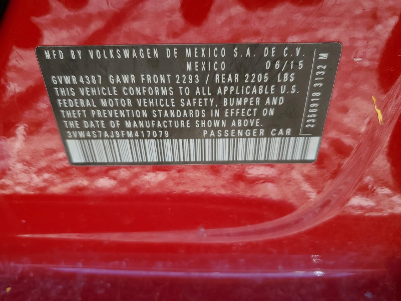 2015 Volkswagen Jetta VIN 3VW4S7AJ9FM417079 Copart auction photo, rear end / undercarriage damage thumbnail 15