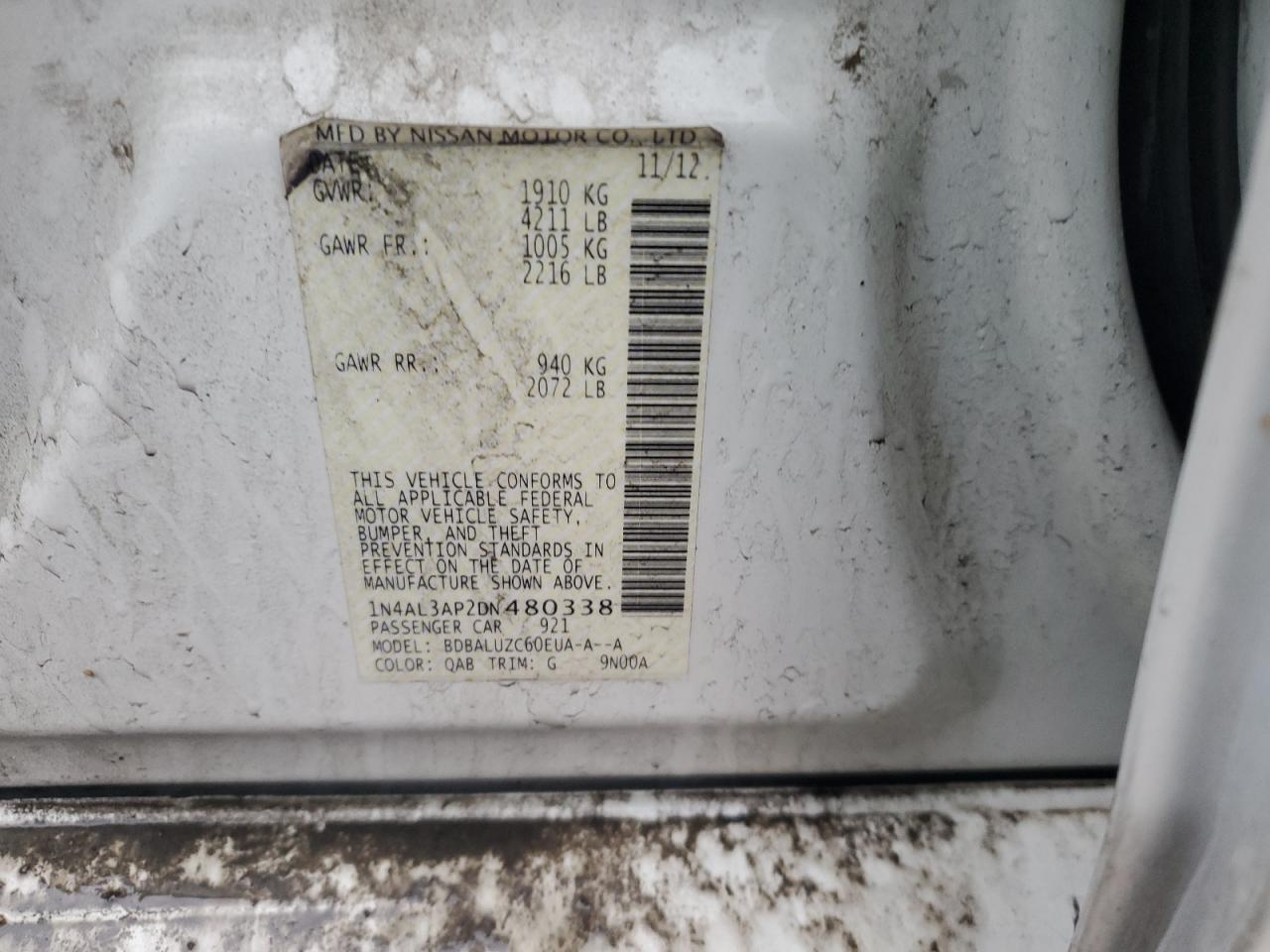 2013 Nissan Altima VIN 1N4AL3AP2DN480338 Copart auction photo, front end damage thumbnail 12