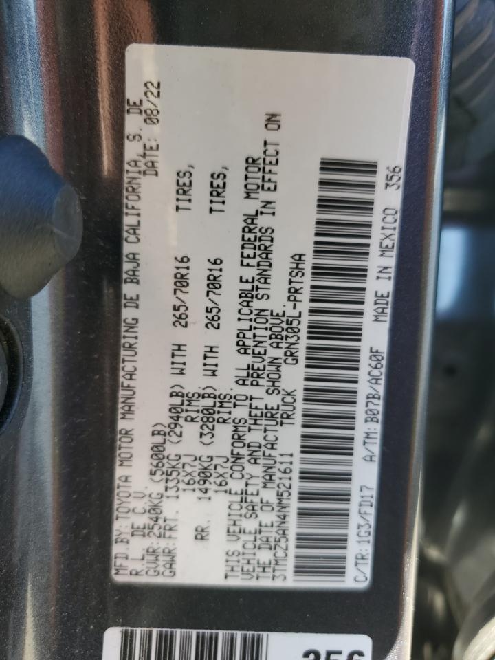 2022 Toyota Tacoma VIN 3TMCZ5AN4NM521611 Copart auction photo, side / front end damage thumbnail 12