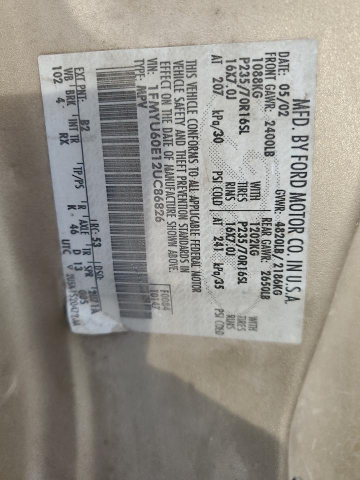 2002 Ford Explorer VIN 1FMYU60E12UC86826 Copart auction photo, side damage thumbnail 16