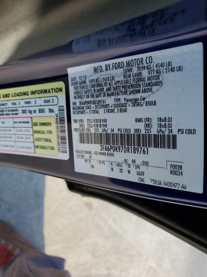 2013 Ford Fusion VIN 3FA6P0K97DR189761 Copart auction photo, front end damage thumbnail 14