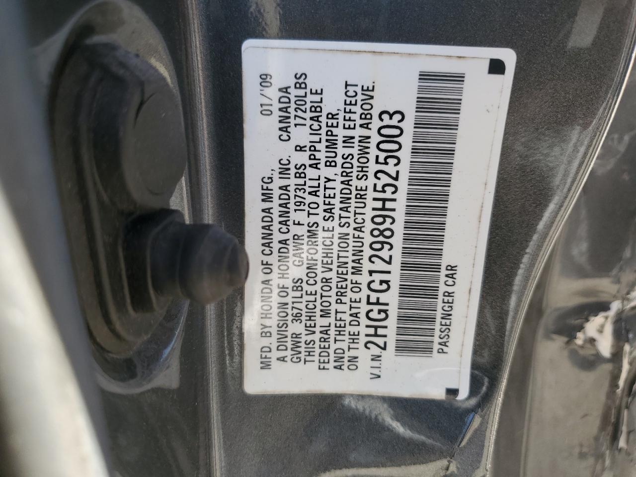 2009 Honda Civic VIN 2HGFG12989H525003 Copart auction photo, side / front end damage thumbnail 12