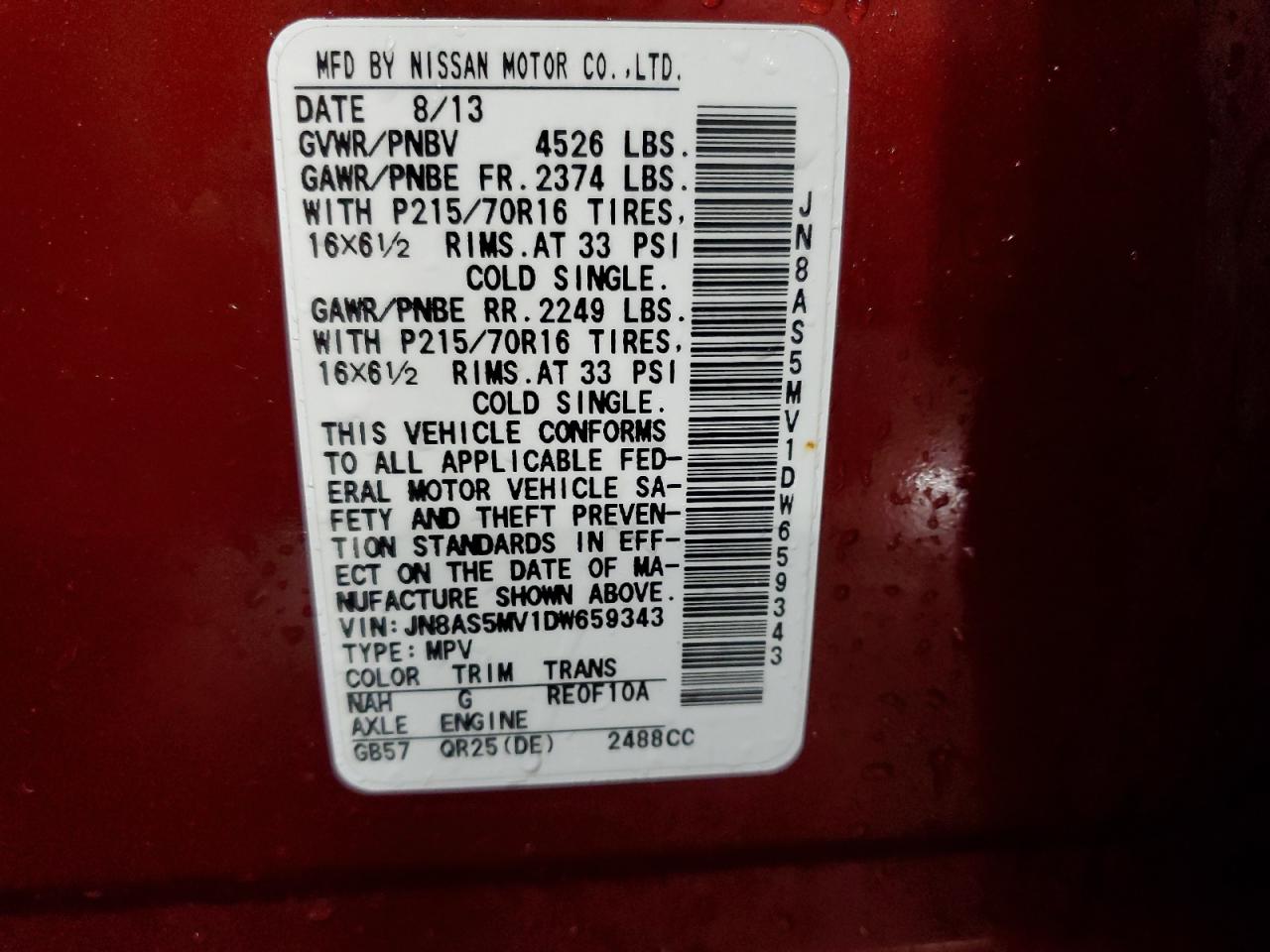 2013 Nissan Rogue VIN JN8AS5MV1DW659343 Copart auction photo, front end / rear end damage thumbnail 13