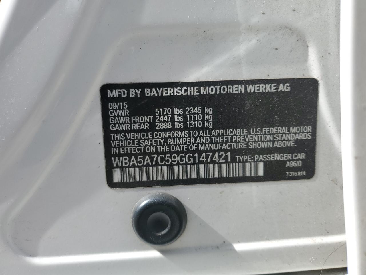 2016 BMW 5er VIN WBA5A7C59GG147421 Copart auction photo, vandalism / minor dent/scratches damage thumbnail 12
