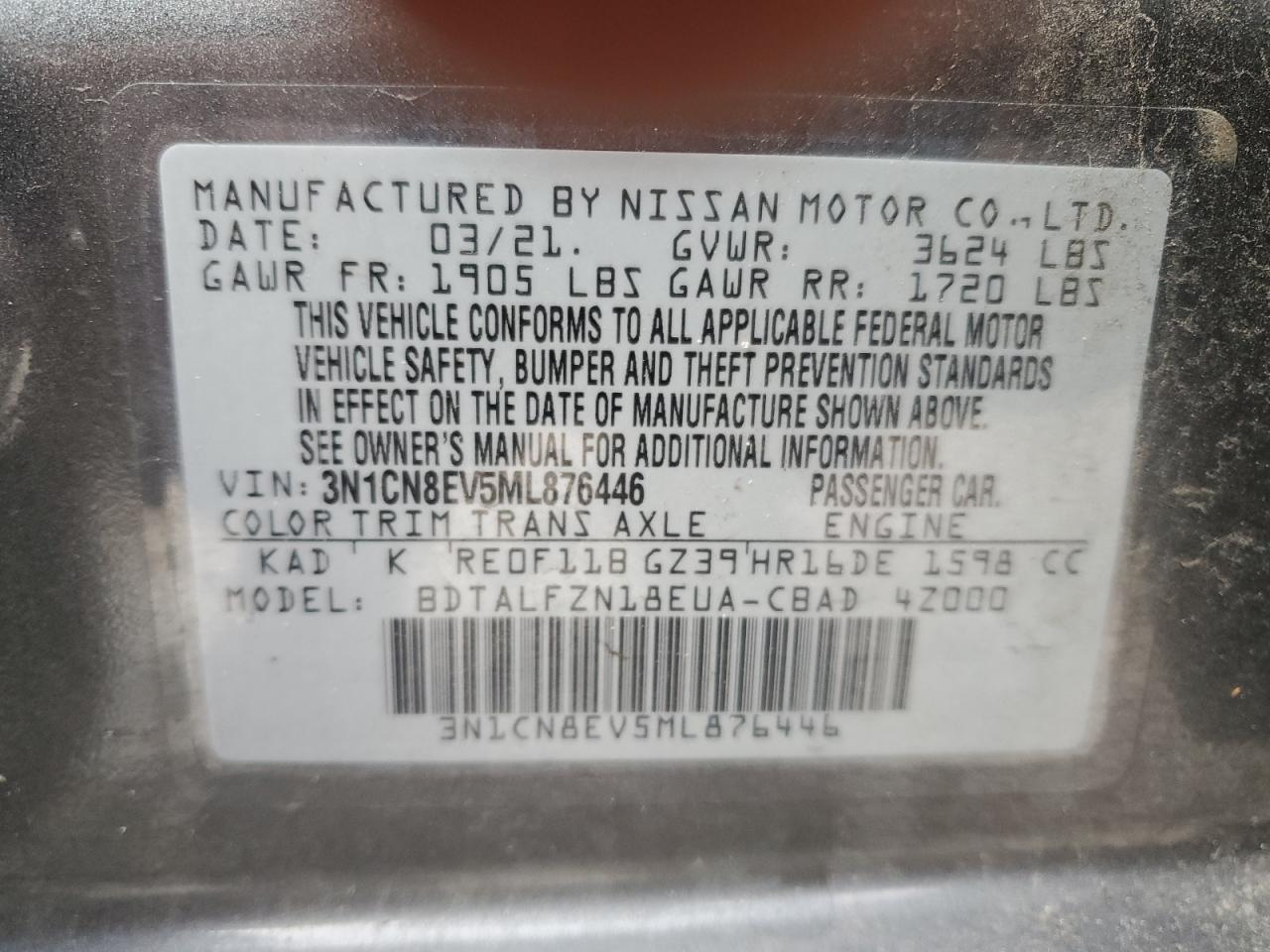 2021 Nissan Versa VIN 3N1CN8EV5ML876446 Copart auction photo, front end / side damage thumbnail 12