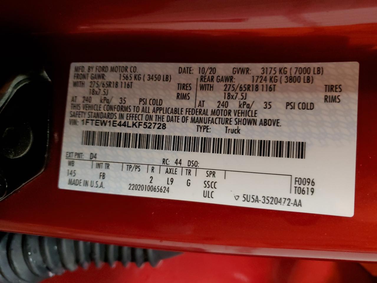 2020 Ford F-150 VIN 1FTEW1E44LKF52728 Copart auction photo, front end / side damage thumbnail 14