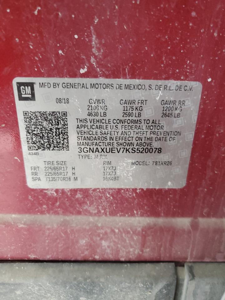 2019 Chevrolet Equinox VIN 3GNAXUEV7KS520078 Copart auction photo, front end damage thumbnail 15