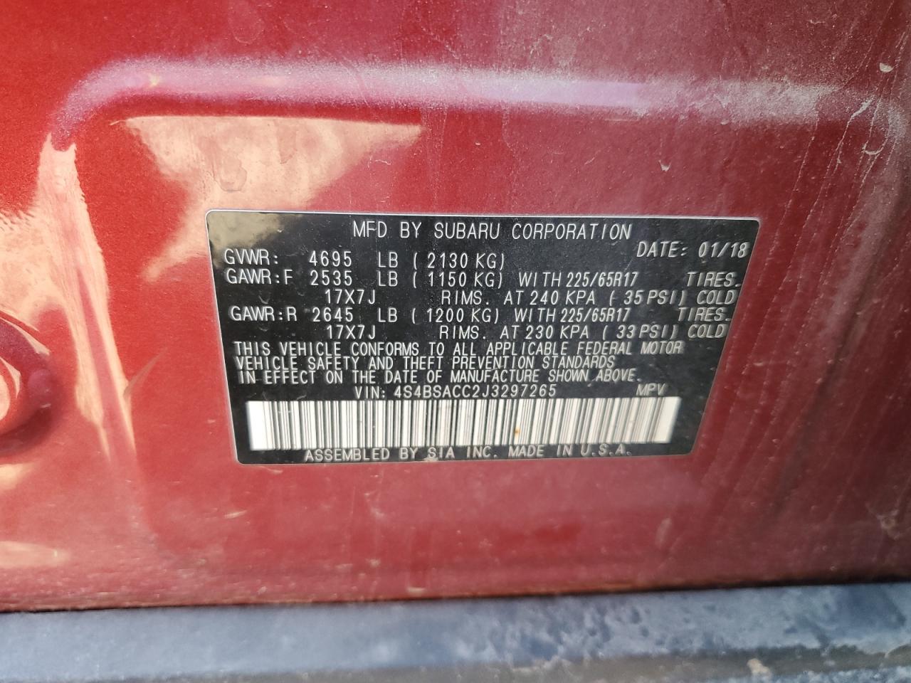 2018 Subaru Outback VIN 4S4BSACC2J3297265 Copart auction photo, front end / minor dent/scratches damage thumbnail 15
