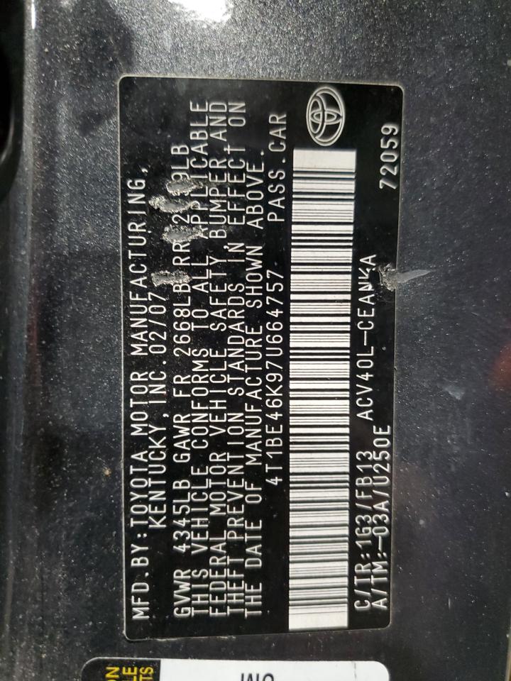 2007 Toyota Camry VIN 4T1BE46K97U664757 Copart auction photo, rear end damage thumbnail 12