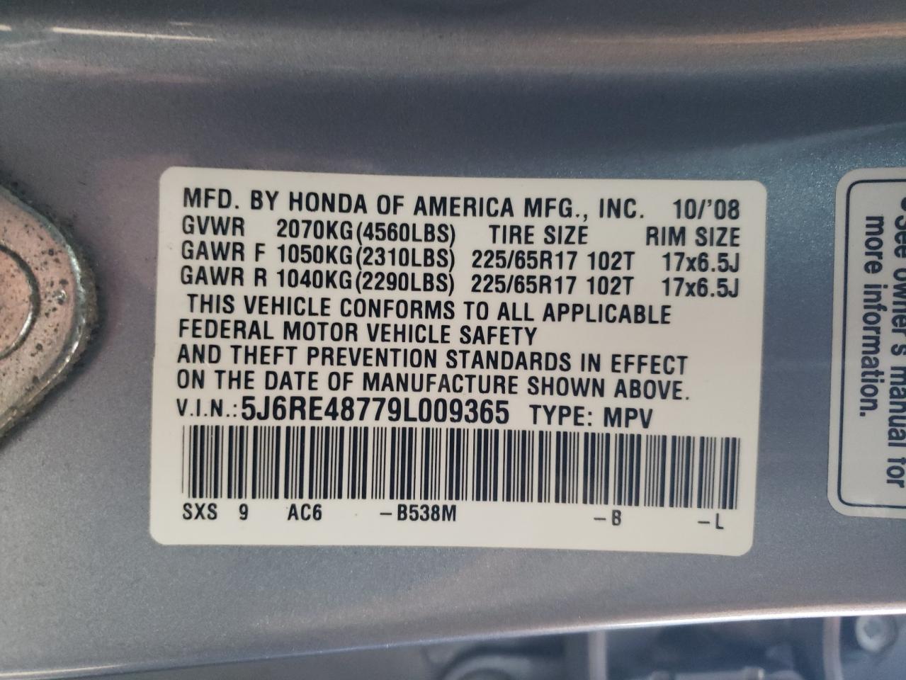 2009 Honda CR-V VIN 5J6RE48779L009365 Copart auction photo, front end / side damage thumbnail 15