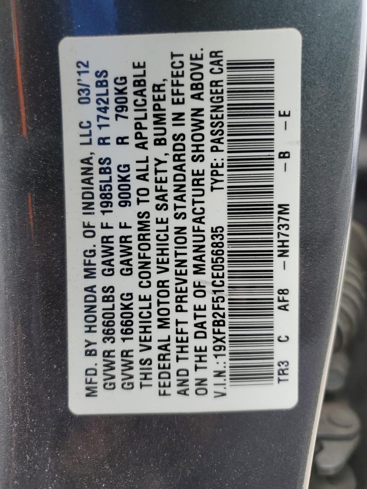2012 Honda Civic VIN 19XFB2F51CE056835 Copart auction photo, rear end damage thumbnail 12