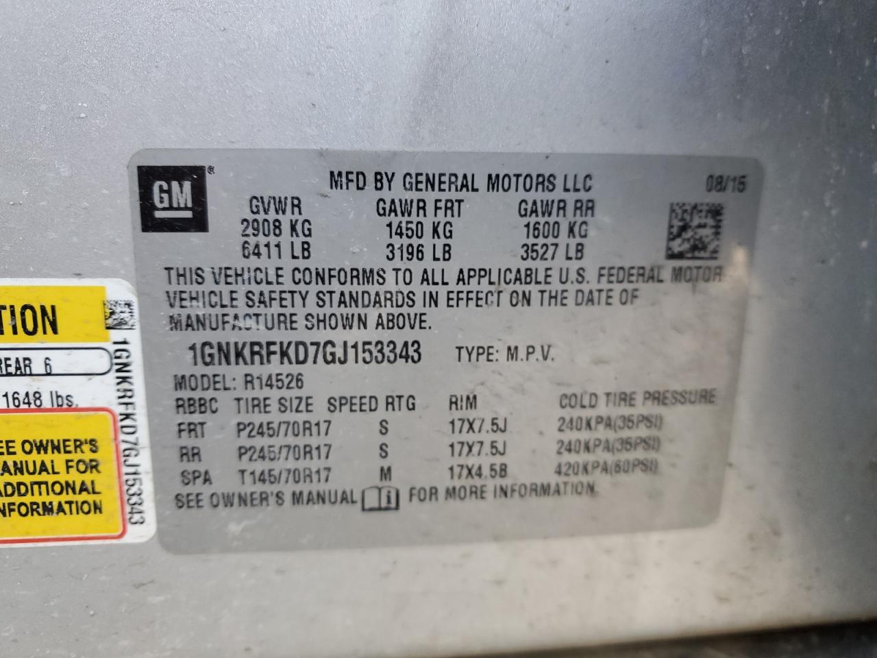 2016 Chevrolet Traverse VIN 1GNKRFKD7GJ153343 Copart auction photo, front end damage thumbnail 15