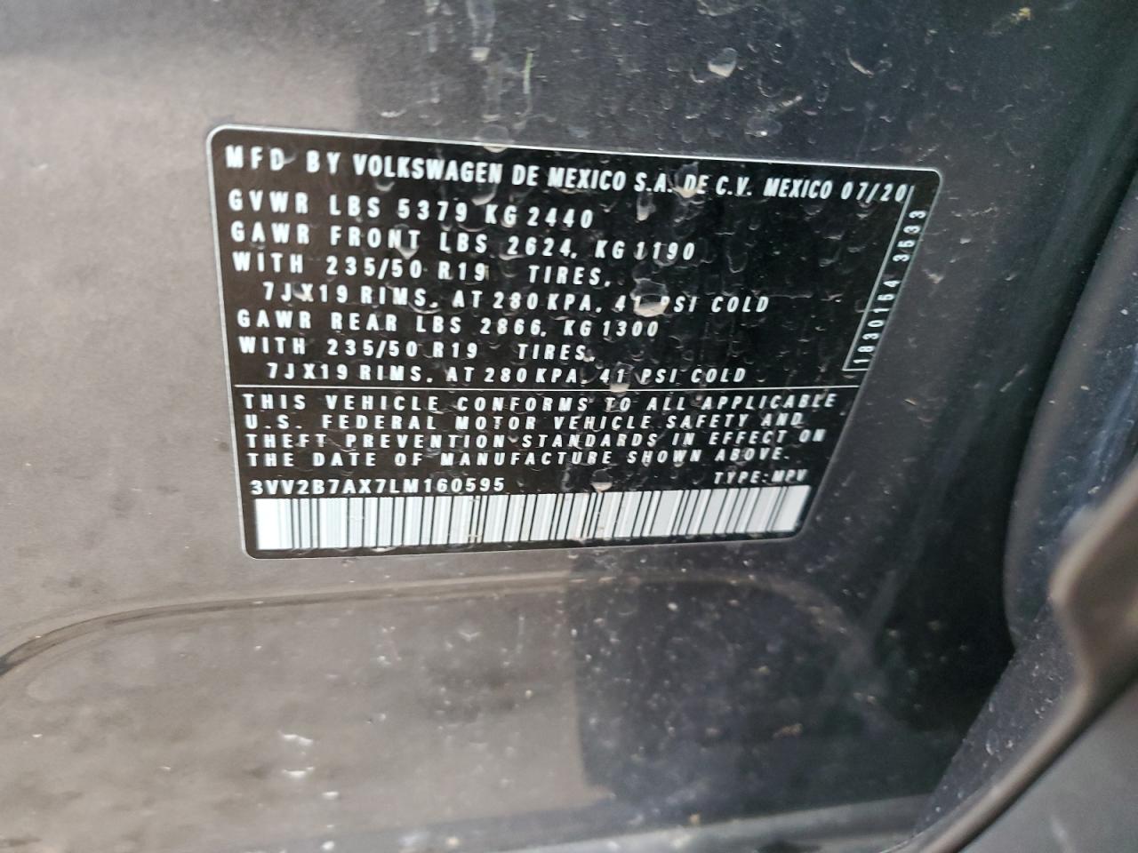 2020 Volkswagen Tiguan VIN 3VV2B7AX7LM160595 Copart auction photo, front end / rear end damage thumbnail 12