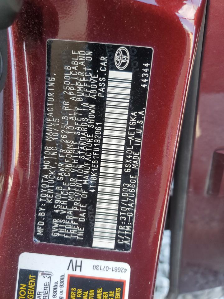 2015 Toyota Avalon VIN 4T1BK1EB1FU192061 Copart auction photo, rear end / front end damage thumbnail 14