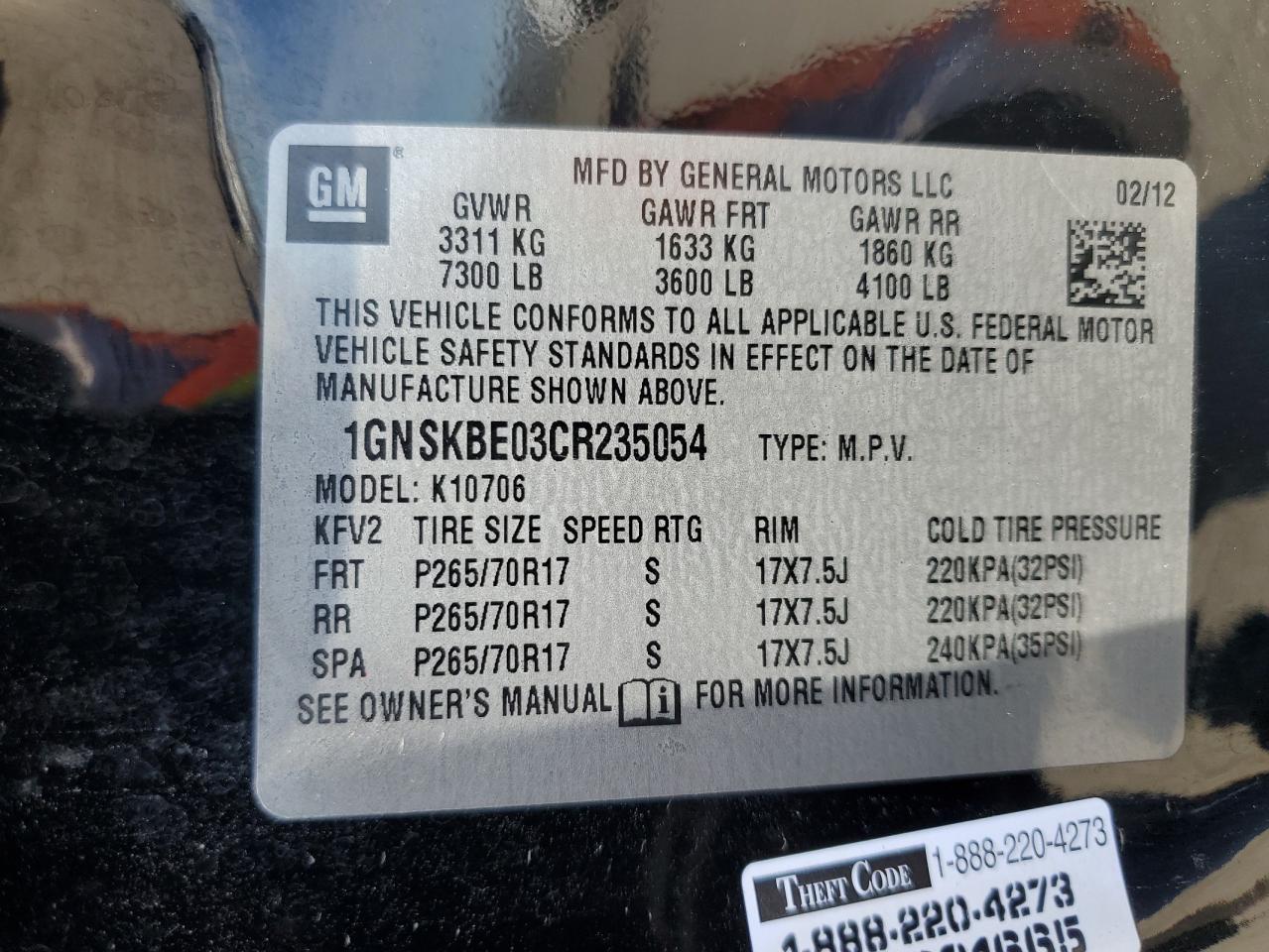 2012 Chevrolet Tahoe VIN 1GNSKBE03CR235054 Copart auction photo, side / front end damage thumbnail 13