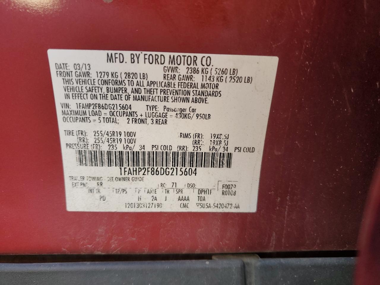 2013 Ford Taurus VIN 1FAHP2F86DG215604 Copart auction photo, hail damage thumbnail 12