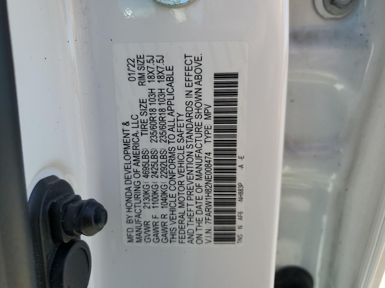 2022 Honda CR-V VIN 7FARW1H82NE008474 Copart auction photo, front end damage thumbnail 15