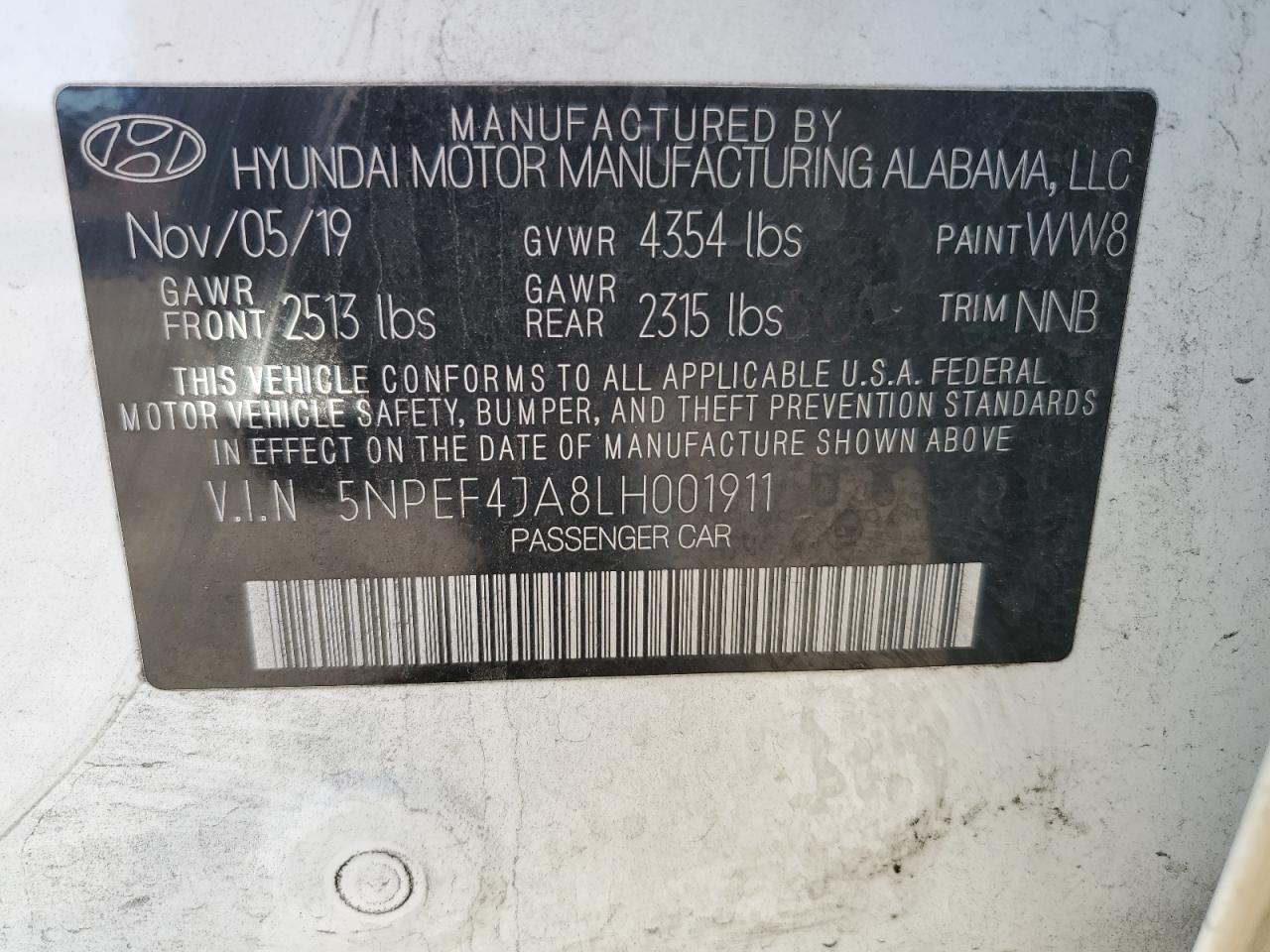 2020 Hyundai Sonata VIN 5NPEF4JA8LH001911 Copart auction photo, rear end damage thumbnail 15