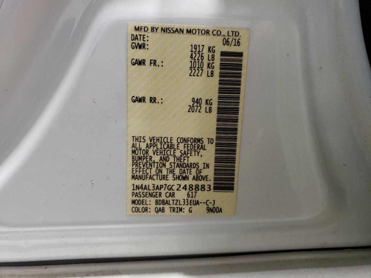 2016 Nissan Altima VIN 1N4AL3AP7GC248883 Copart auction photo, rear end damage thumbnail 12