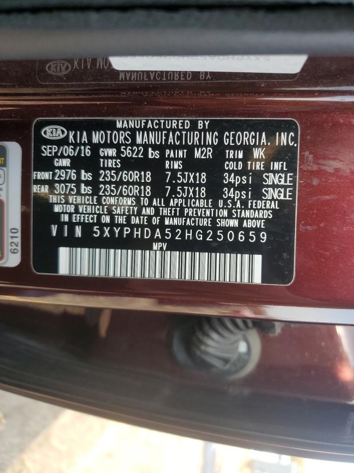 2017 KIA Sorento VIN 5XYPHDA52HG250659 Copart auction photo, stripped damage thumbnail 13