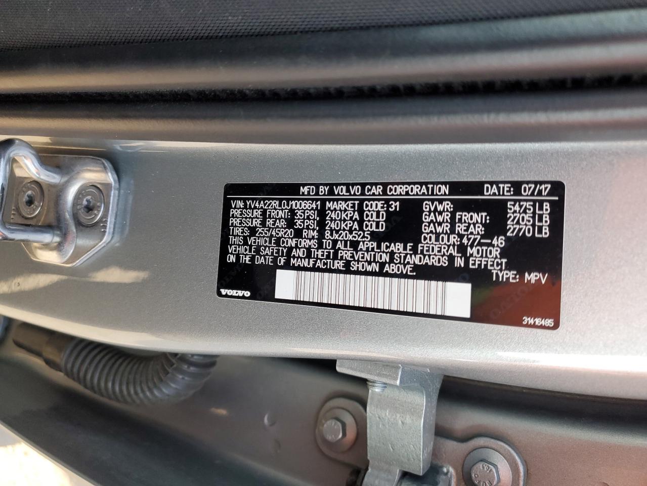 2018 Volvo XC60 VIN YV4A22RL0J1006641 Copart auction photo, front end / side damage thumbnail 13