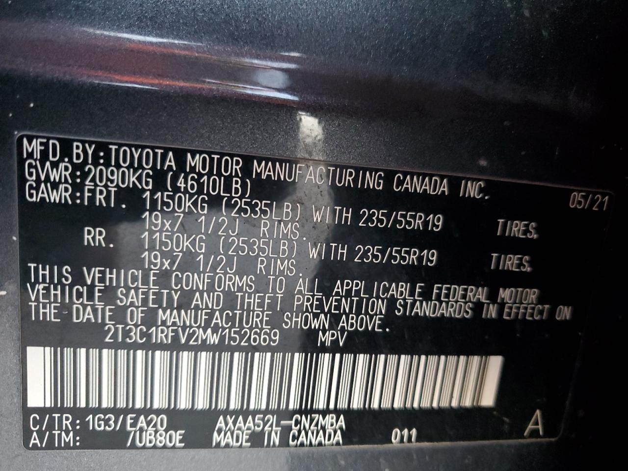 2021 Toyota RAV 4 VIN 2T3C1RFV2MW152669 Copart auction photo, front end damage thumbnail 13
