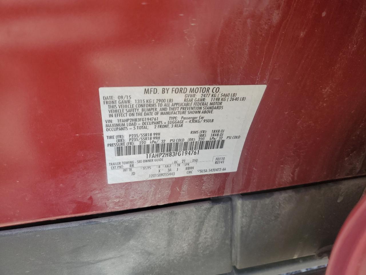 2015 Ford Taurus VIN 1FAHP2H83FG194761 Copart auction photo, burn / rear end damage thumbnail 12