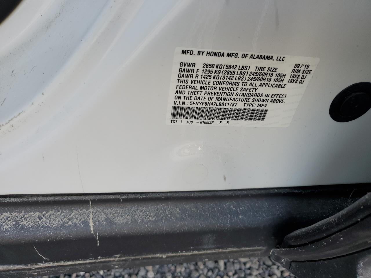 2020 Honda Pilot VIN 5FNYF6H47LB011787 Copart auction photo, water/flood / minor dent/scratches damage thumbnail 14