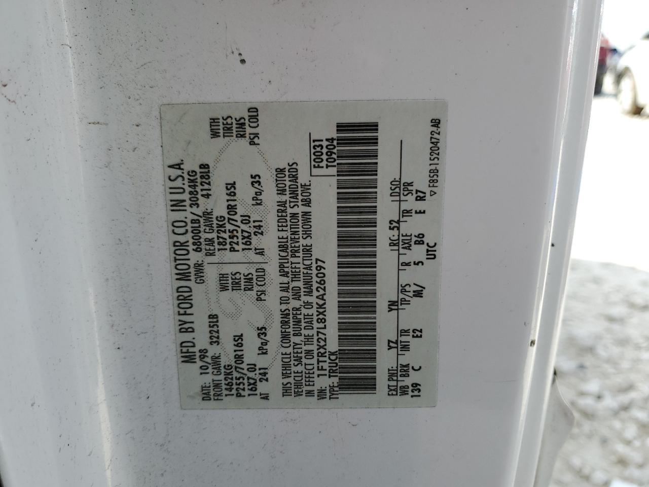 1999 Ford F250 VIN 1FTRX27L8XKA26097 Copart auction photo, side damage thumbnail 12
