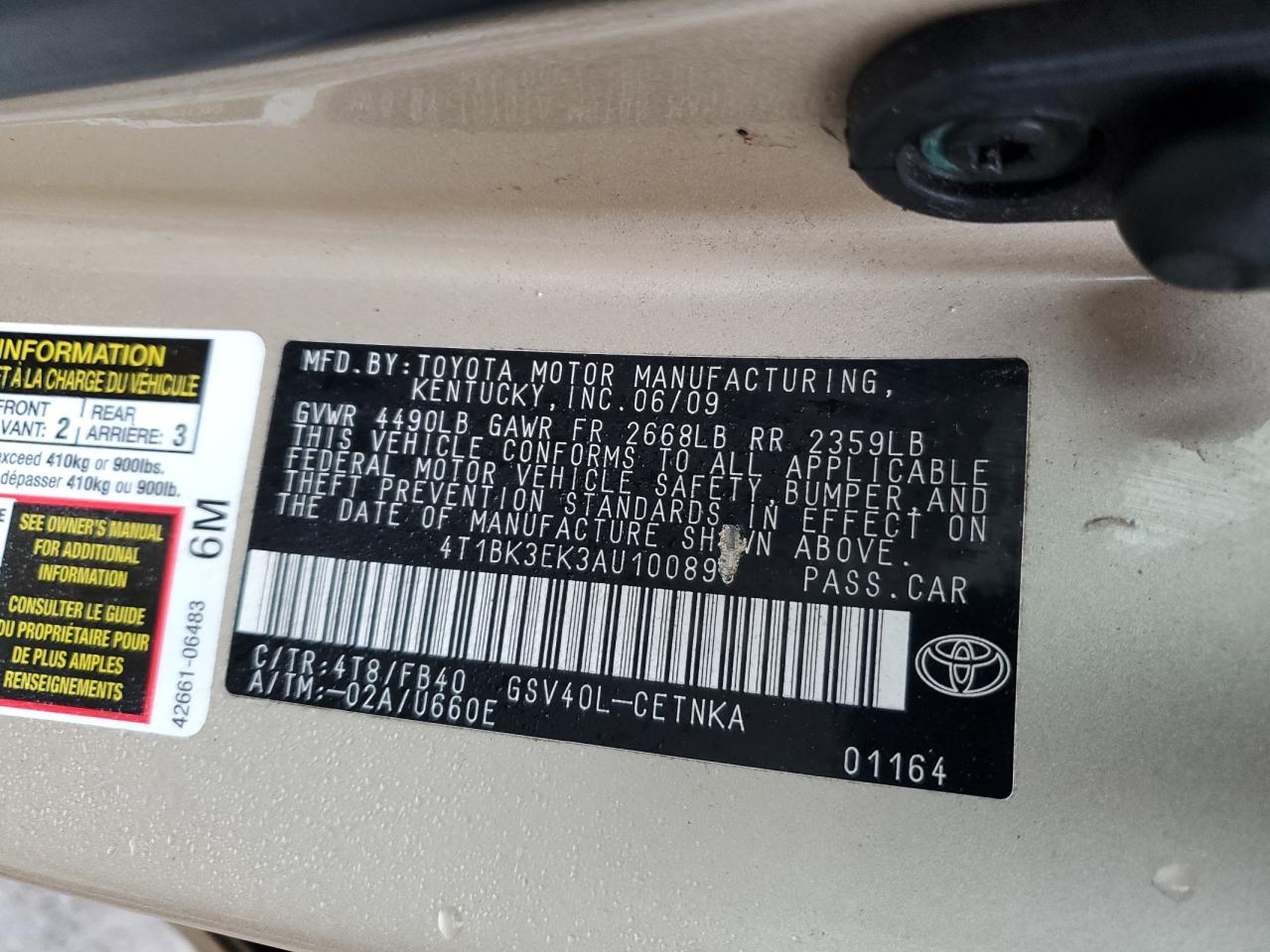 2010 Toyota Camry VIN 4T1BK3EK3AU100890 Copart auction photo, front end / side damage thumbnail 12