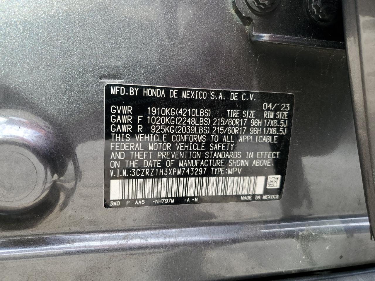 2023 Honda HR-V VIN 3CZRZ1H3XPM743297 Copart auction photo, front end / undercarriage damage thumbnail 16