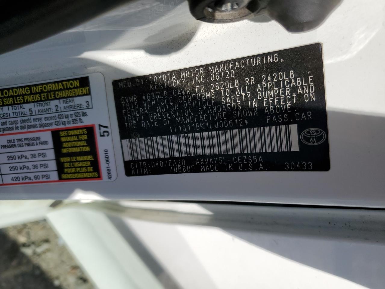 2020 Toyota Camry VIN 4T1G11BK1LU006124 Copart auction photo, rear end damage thumbnail 14