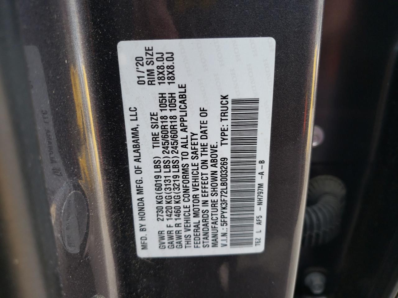 2020 Honda Ridgeline VIN 5FPYK3F72LB003269 Copart auction photo, front end / minor dent/scratches damage thumbnail 13