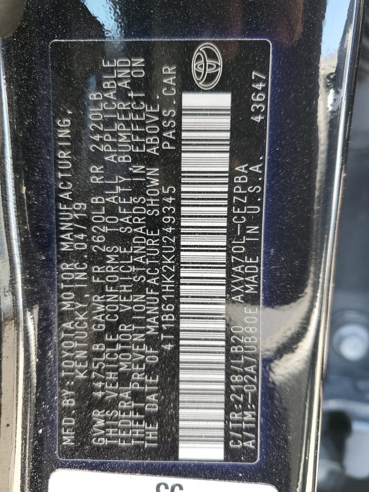 2019 Toyota Camry VIN 4T1B61HK2KU249345 Copart auction photo, front end / side damage thumbnail 15
