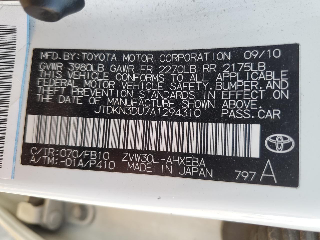 2010 Toyota Prius VIN JTDKN3DU7A1294310 Copart auction photo, mechanical / minor dent/scratches damage thumbnail 13