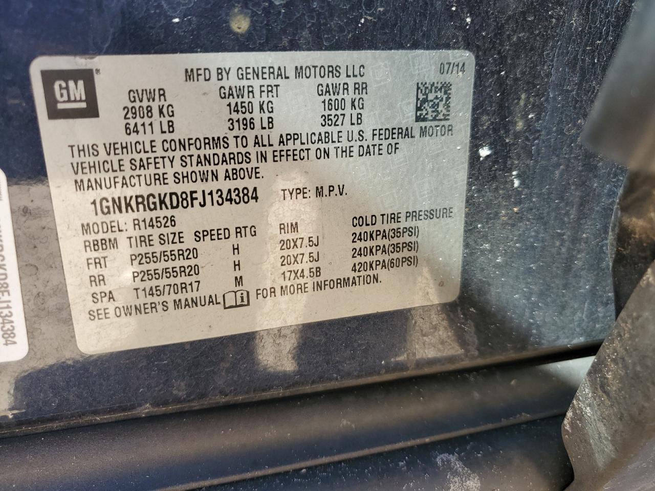 2015 Chevrolet Traverse VIN 1GNKRGKD8FJ134384 Copart auction photo, front end / undercarriage damage thumbnail 14