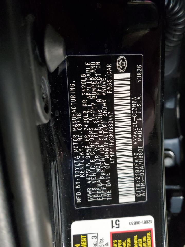 2019 Toyota Camry VIN 4T1B11HK8KU680447 Copart auction photo, front end / mechanical damage thumbnail 12