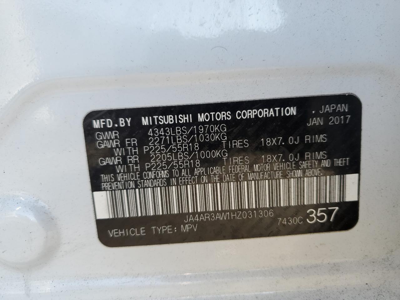 2017 Mitsubishi Outlander VIN JA4AR3AW1HZ031306 Copart auction photo, front end / side damage thumbnail 12