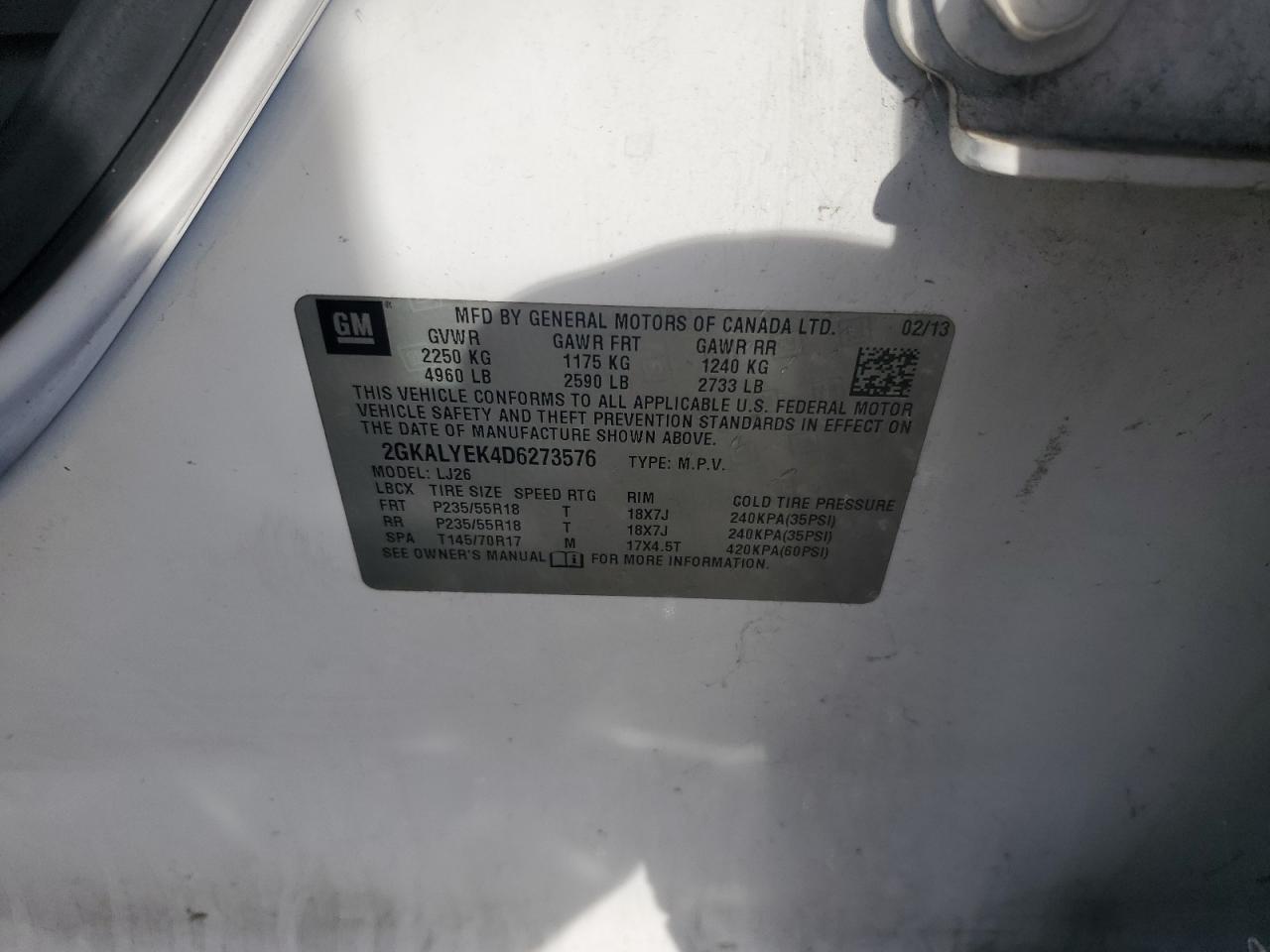 2013 GMC Terrain VIN 2GKALYEK4D6273576 Copart auction photo, burn - engine damage thumbnail 13