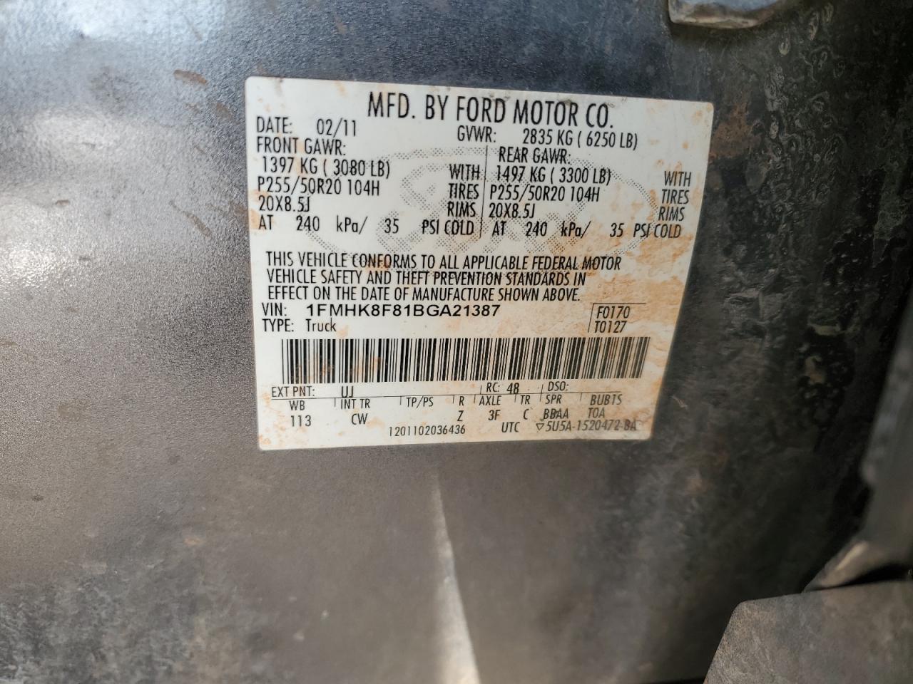 2011 Ford Explorer VIN 1FMHK8F81BGA21387 Copart auction photo, rear end / side damage thumbnail 13