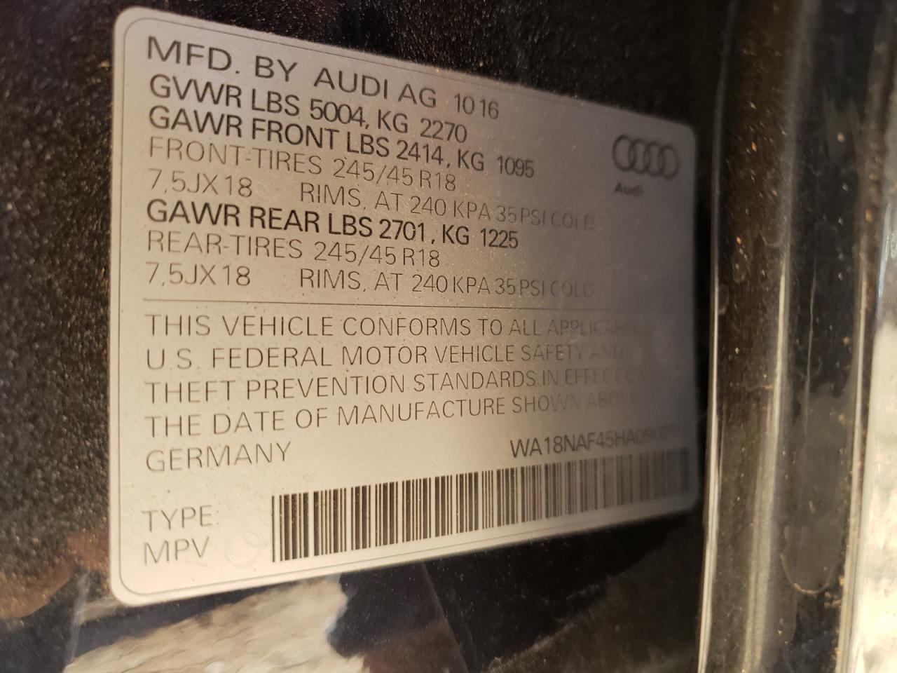 2017 Audi A4 VIN WA18NAF45HA090296 Copart auction photo, all over damage thumbnail 13
