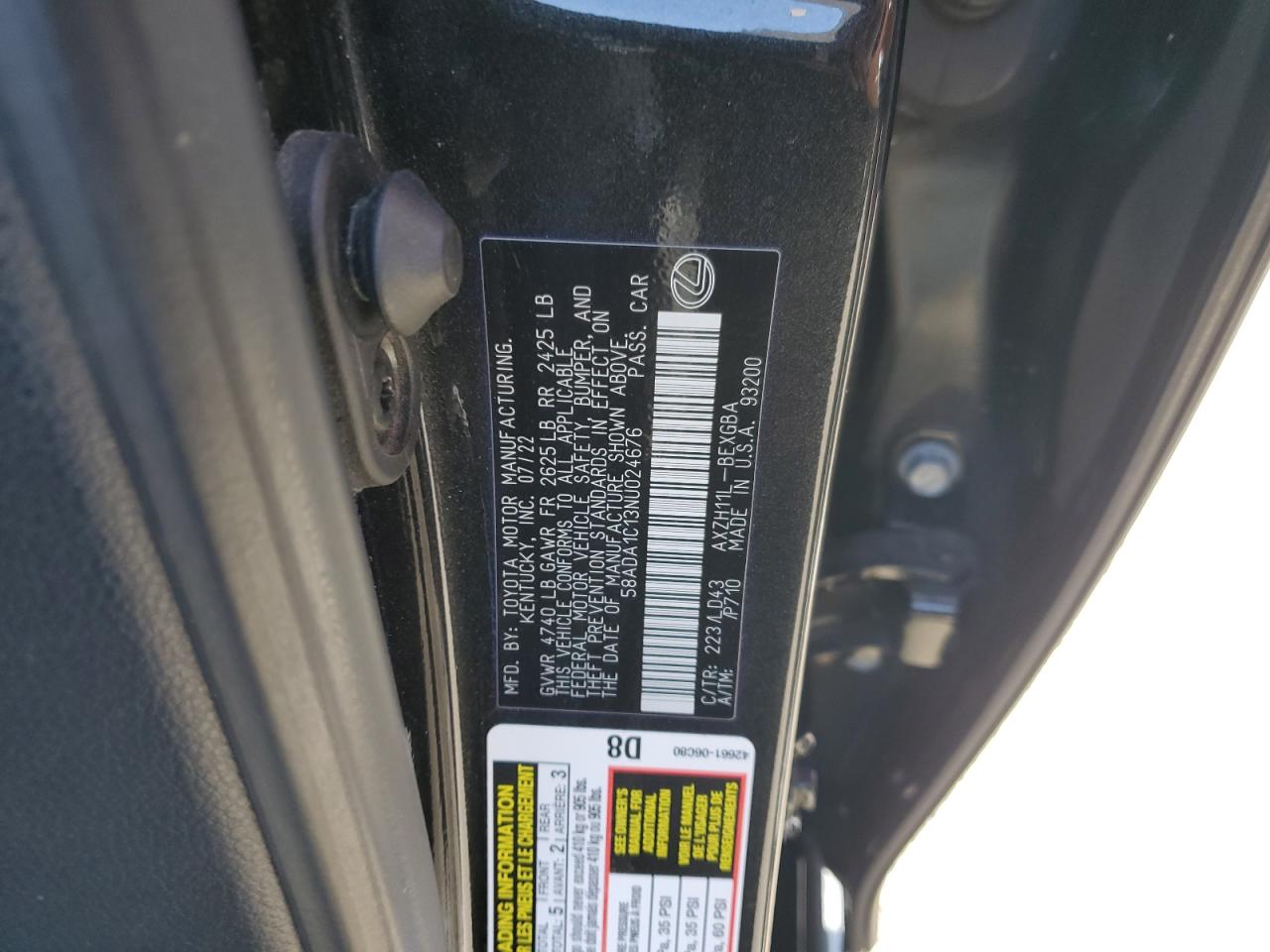 2022 Lexus ES VIN 58ADA1C13NU024676 Copart auction photo, front end / minor dent/scratches damage thumbnail 13