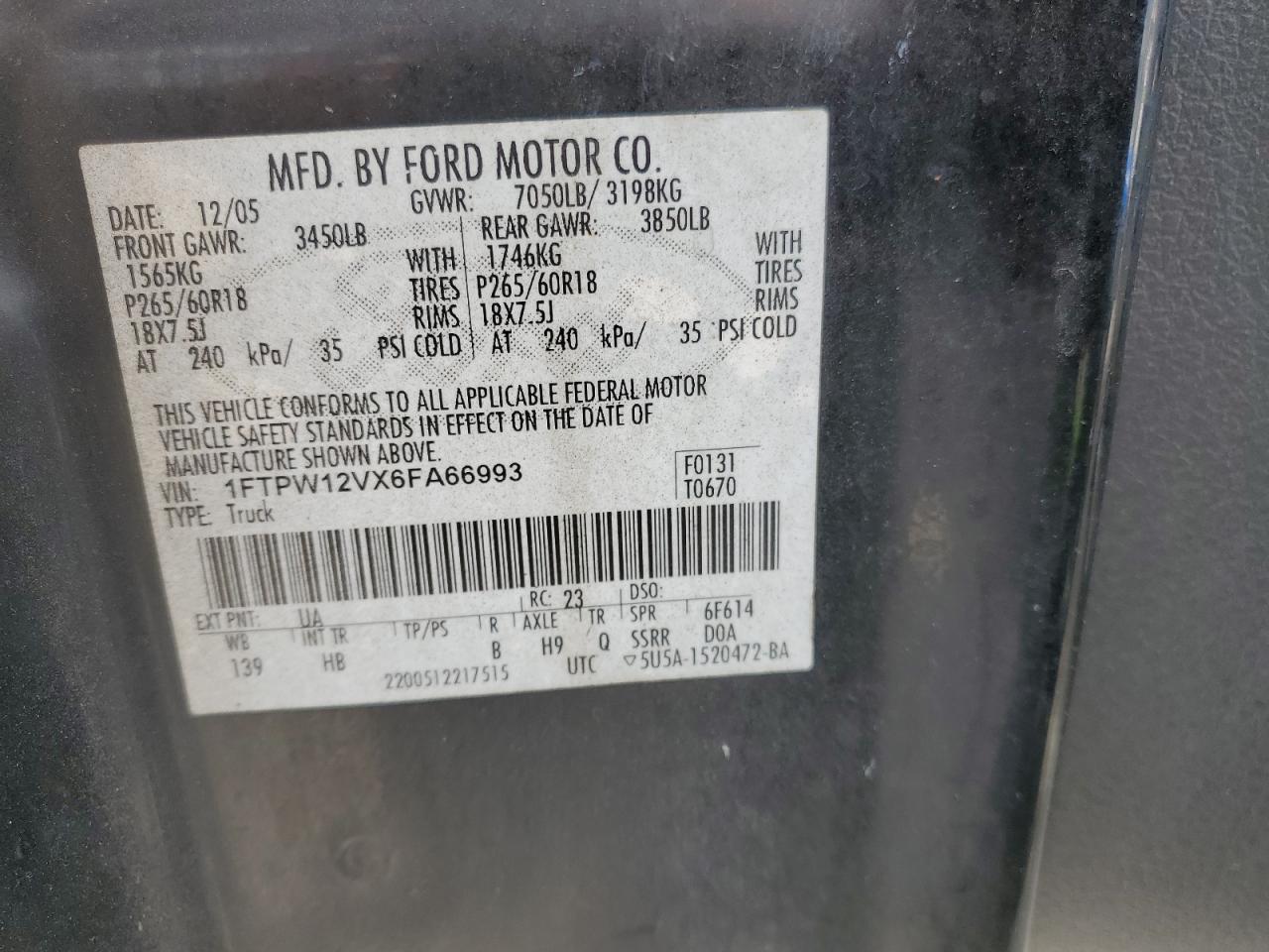 2006 Ford F-150 VIN 1FTPW12VX6FA66993 Copart auction photo, minor dent/scratches damage thumbnail 12