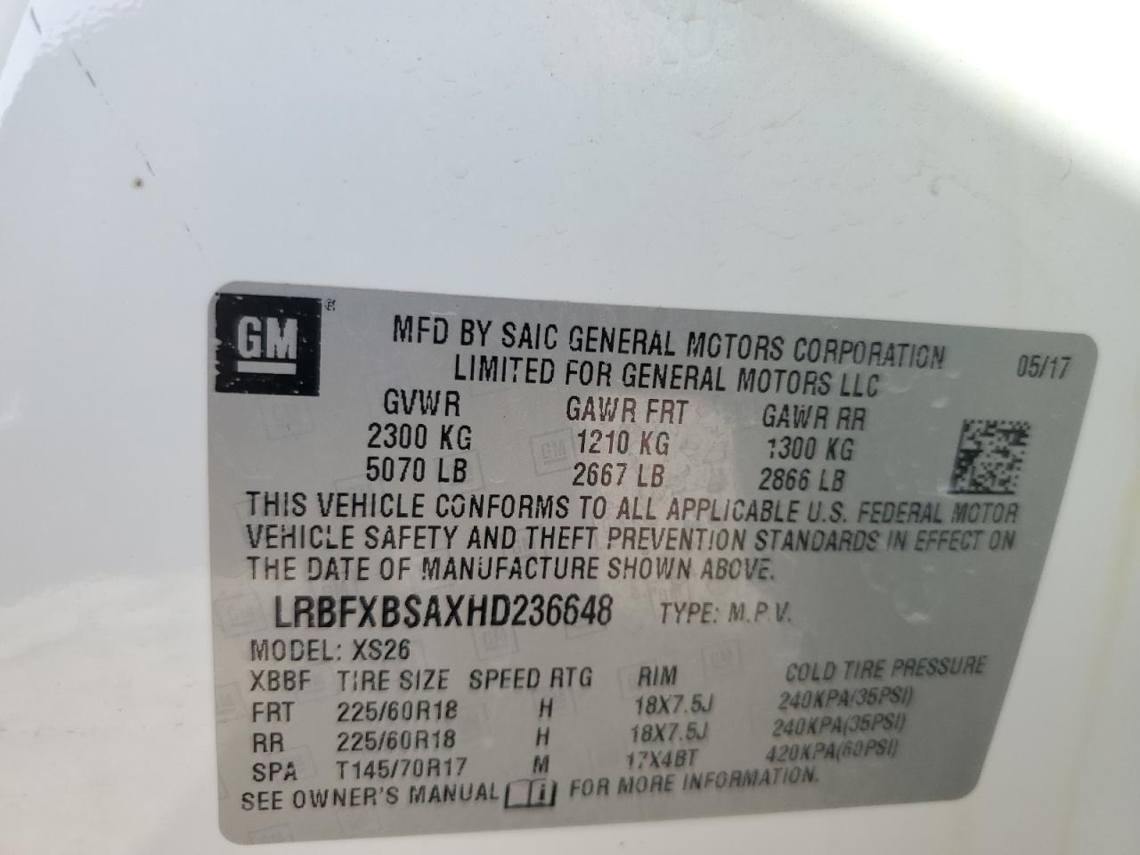 2017 Buick Envision VIN LRBFXBSAXHD236648 Copart auction photo, side / minor dent/scratches damage thumbnail 16
