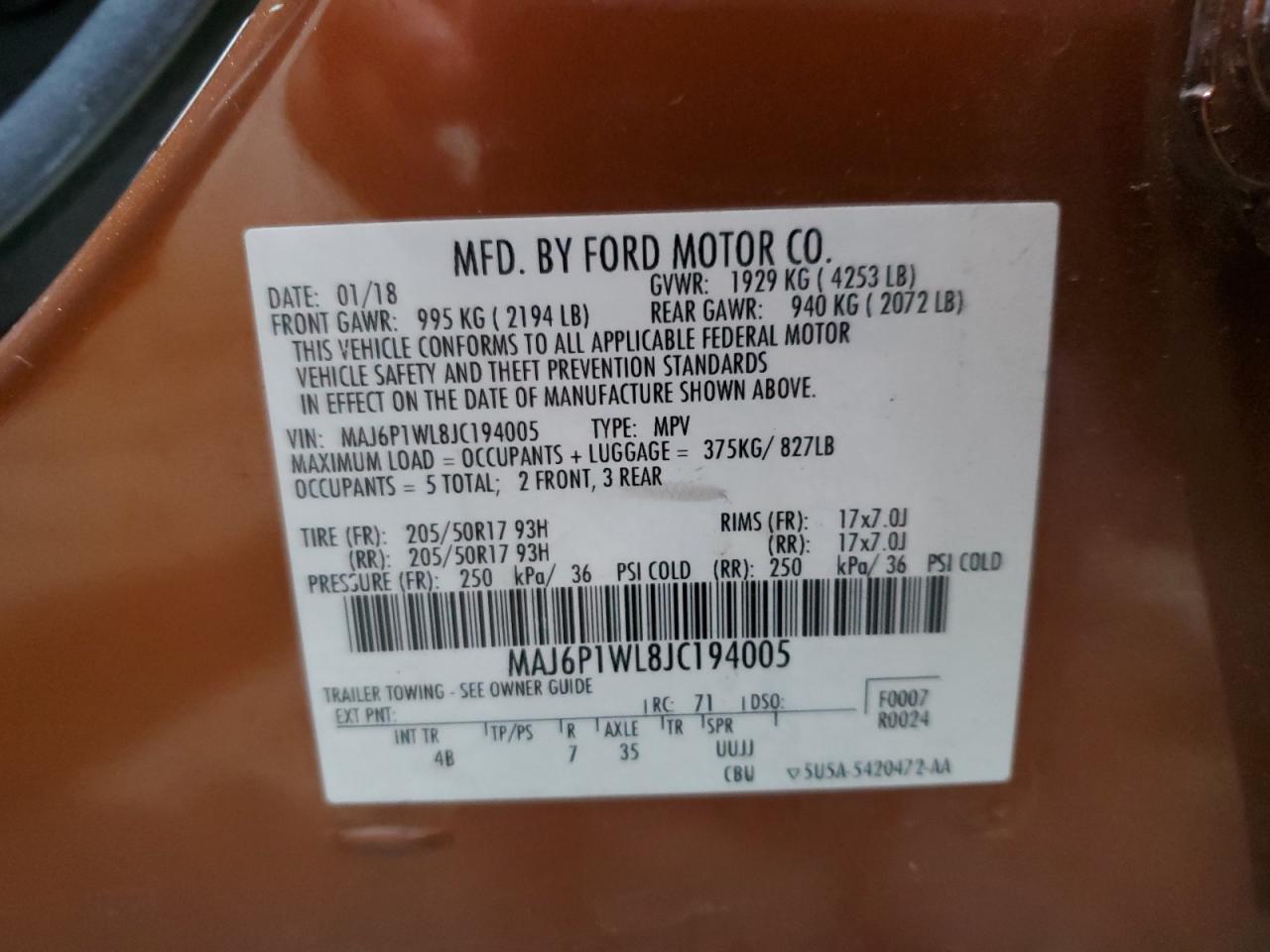 2018 Ford EcoSport VIN MAJ6P1WL8JC194005 Copart auction photo, front end damage thumbnail 13