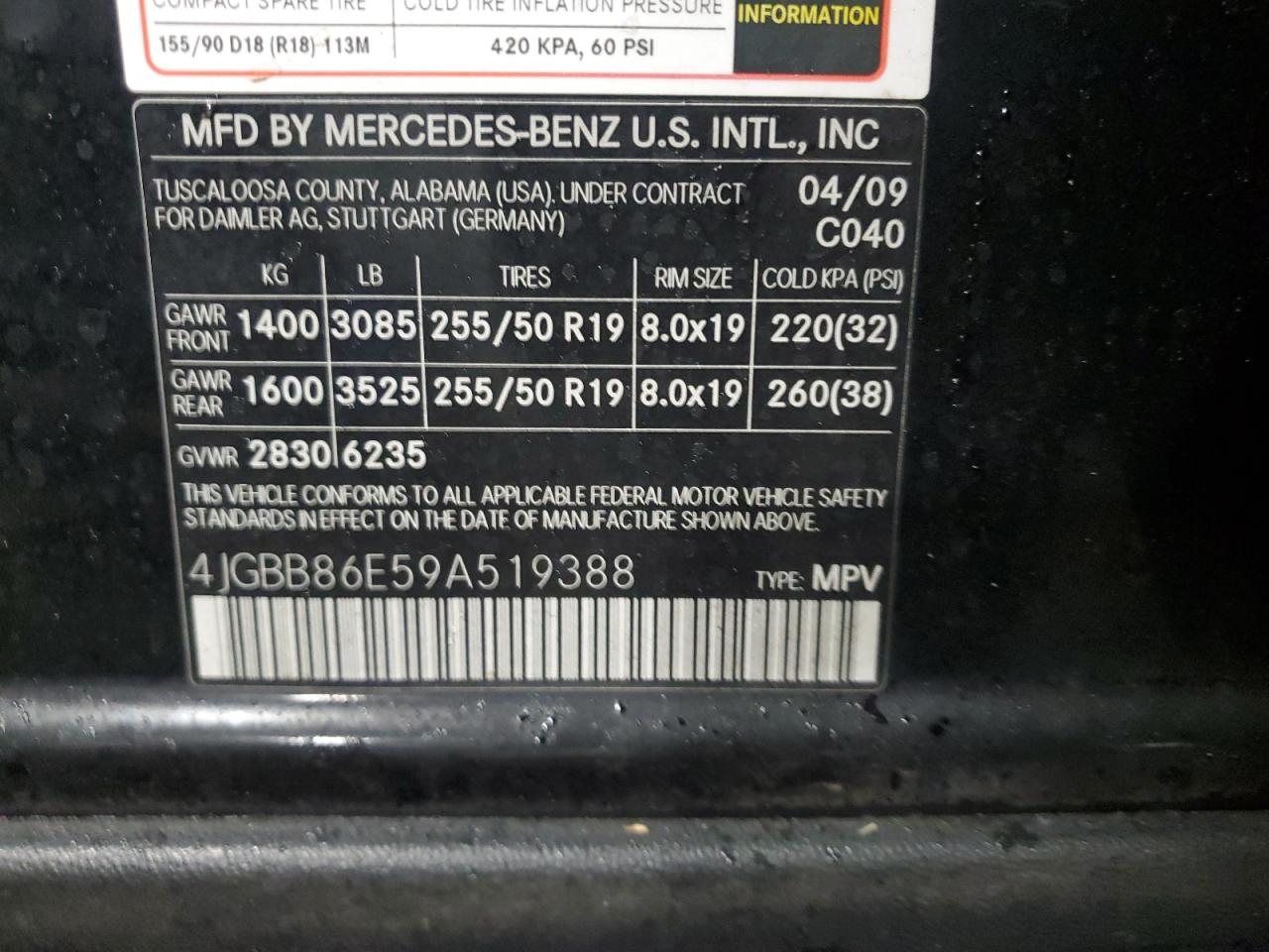 2009 Mercedes-Benz M-klasse VIN 4JGBB86E59A519388 Copart auction photo, front end damage thumbnail 15